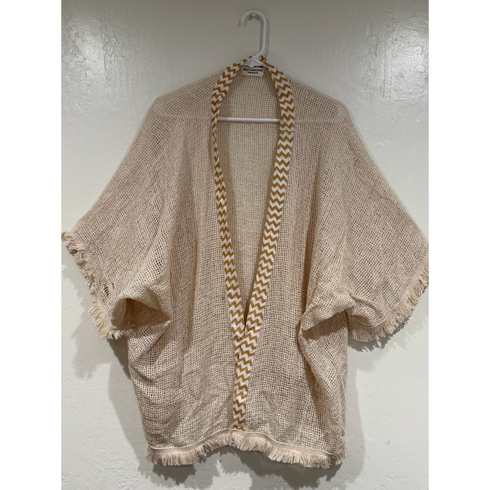 Kathmandu Imports Beige Open Knit Kimono Cardigan Chevron Trim Fringe One Size - Picture 2 of 10